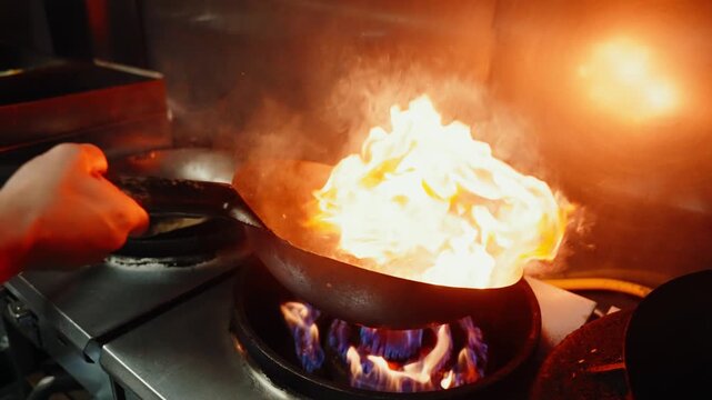 chef cooking a meal using a wok tossing flaming food