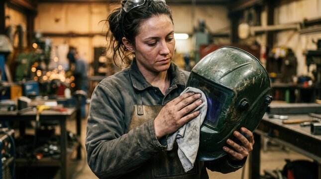 A Diligent Female Artisan Polishing Her Protective Welding Helmet Amidst the Industrial Atmosphere of a Bustling Metalwork Workshop Focusing on Craftsmanship and Precision Engineering