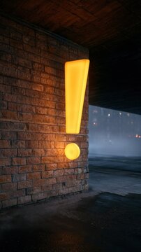 Glowing Exclamation Mark on Urban Brick Wall at Night