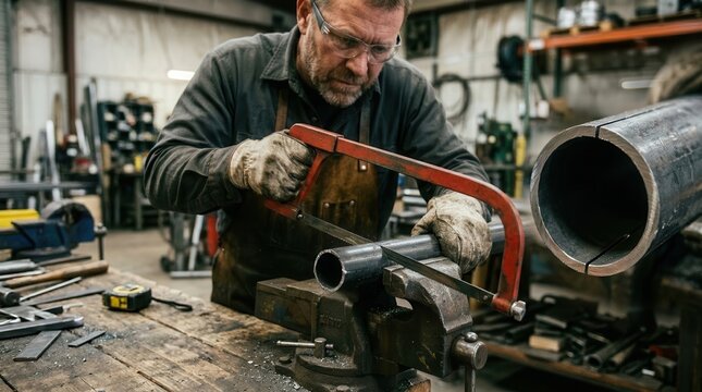 A Master Machinist Carefully Cutting Steel Pipes with a Handsaw in a Traditional Industrial Workshop Setting