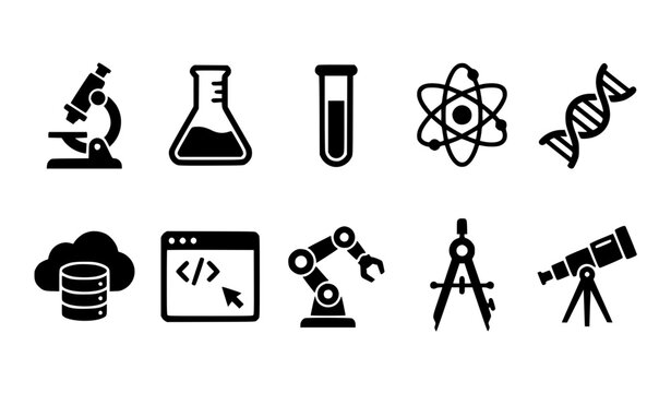 Line Icons Representing Science Technology and Research Concepts Featuring Lab, Microscope, Flask