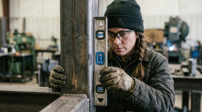 A female metal fabricator wearing safety glasses and heavy gloves uses a spirit level to check the vertical alignment of a steel beam in a metal workshop