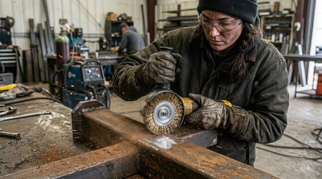 Female Metalworker Grinding Steel Beam in Industrial Workshop Environment with Protective Gear and Precision Tools for Professional Metal Fabrication and Engineering Projects