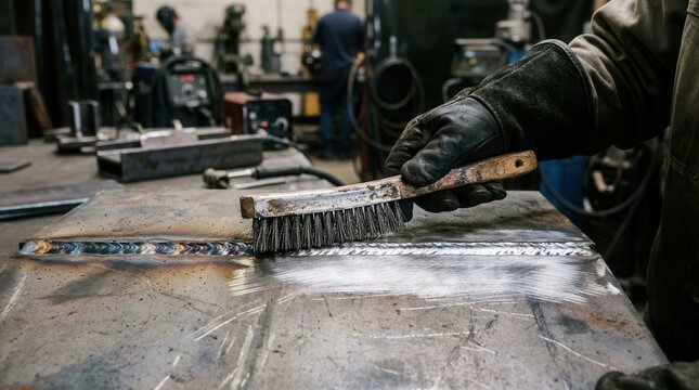 Technician Meticulously Cleans Welded Steel Seams with a Wire Brush in a Professional Fabrication Workshop Setting