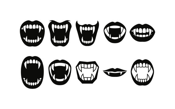 Collection of scary monster mouths and vampire fangs for halloween design in a bold black vector silhouette