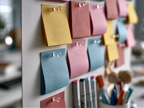 Pastel blank sticky notes arranged diagonally on a white wall with pins and markers, blurred desk background, soft window light, left copy space for education planning and office branding templates.