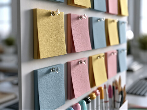 Pastel blank sticky notes arranged diagonally on a white wall with pins and markers, blurred desk background, soft window light, left copy space for education planning and office branding templates.