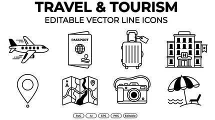 Fototapeta premium Travel and tourism line icons set. Vacation symbols for web design and mobile apps.