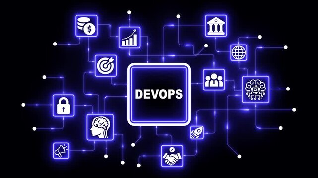 Dev ops software development concept with neon digital network and connected technology infrastructure
