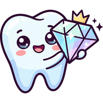 Cute cartoon tooth character holding a sparkling diamond with a gold crown for dental health and white teeth concept