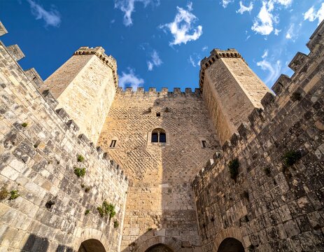 Extreme low angle view of a massive medieval stone fortress keep for authority concepts
