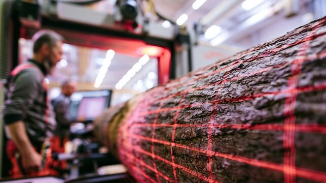 Log scanning optimizer with laser grid lines in sharp focus and blurred sawmill workers behind. Concept of sawmill processing technology.