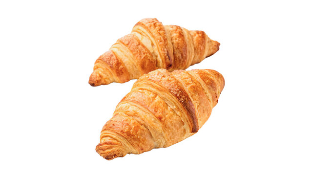 Two fresh baked French croissants pastry isolated on transparent background cut out