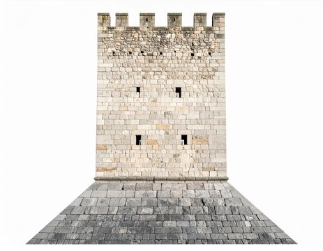 Medieval stone tower with sloped talus foundation base isolated on white for structural stability concepts
