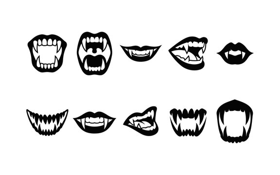 Collection of scary vampire mouths and sharp fangs for halloween design in a bold black silhouette