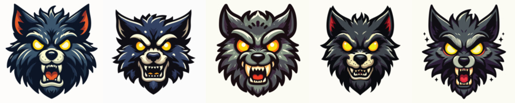 Set of angry wolf and werewolf head mascot logos with glowing yellow eyes for gaming team badge