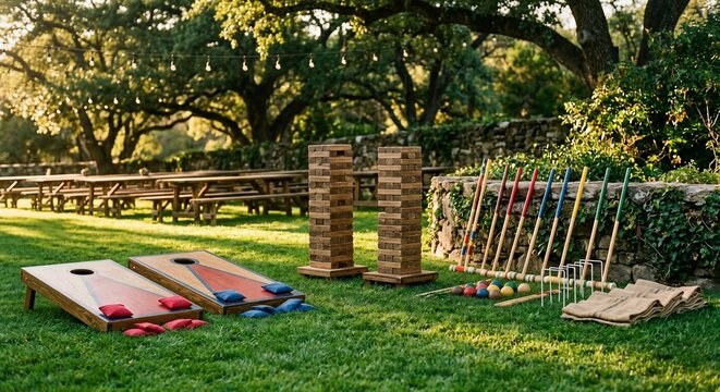 Lawn games setup with bean bag toss and wooden block tower in garden