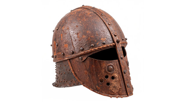 Ancient rusty medieval iron knight helmet isolated on transparent background cut out