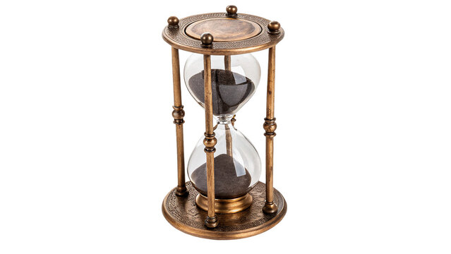 Vintage brass sand hourglass egg timer clock isolated on transparent background cut out