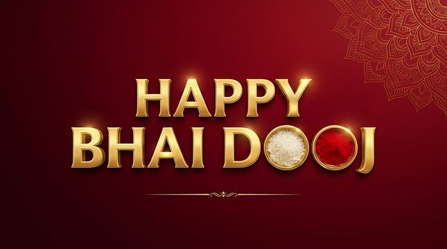 Happy bhai dooj greeting card with golden 3d typography and traditional tilak