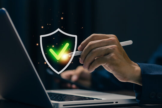 Cybersecurity shield with verification symbol protecting digital assets, representing secure access, privacy, online protection, authentication, trusted network and business security.