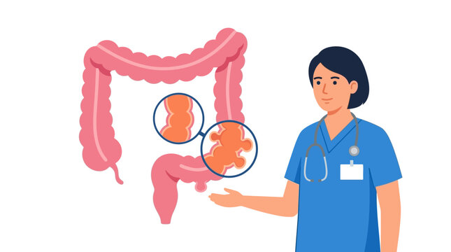 Flat vector illustration of a female doctor in blue scrubs with stethoscope explaining colon health, comparing healthy tissue vs inflamed intestinal wall on white background.