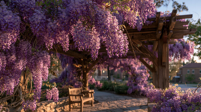 Cascading purple wisteria drapes a campus pergola path, glowing in warm golden sunlight with soft rays and butterflies. Clean right-side sky area provides ample copy space, perfect for blog...