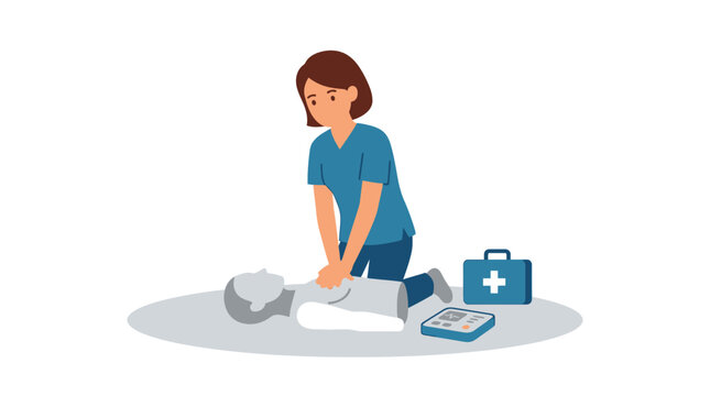 Flat vector illustration of a female nurse performing CPR chest compressions on a medical training mannequin with an AED and first aid kit nearby on a white background.