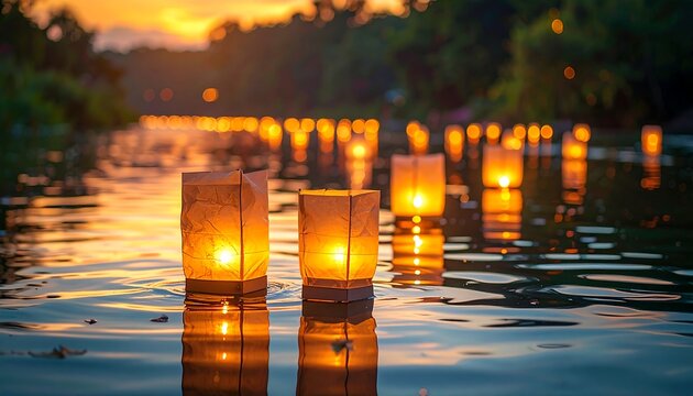 Paper Floating Lanterns Glowing on Water Surface at Sunset
