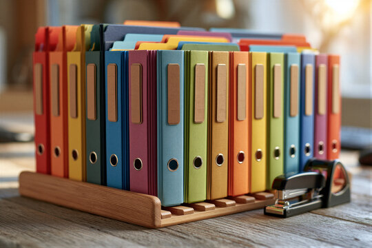 Gradient colorful folders on wooden rack with blank tabs, warm window light, soft blurred background, minimalist desk layout with negative space for school administration and education marketing.