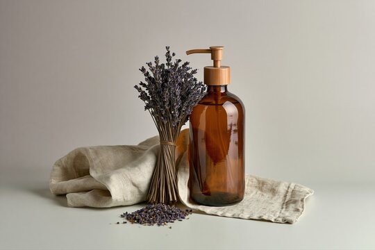Dried lavender bunch with amber glass cosmetic bottle still life