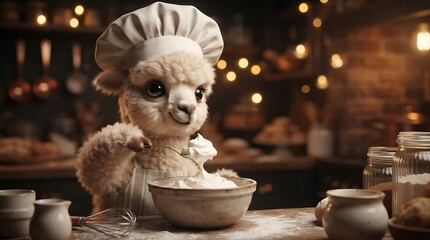 Naklejka premium Adorable fluffy baby alpaca wearing a chef hat baking in a cozy kitchen.