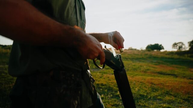 man unloading shotgun shells at sunset