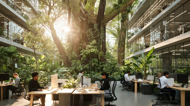 Sunlit biophilic office atrium with tall trees and people working