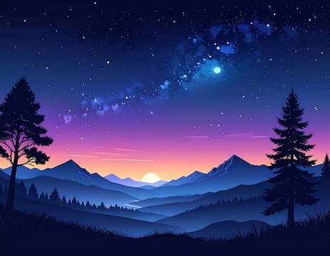 Stylized landscape at dusk features a vibrant sunset and starry sky