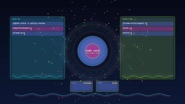 Technical AI interface animation showing large readable code fragments, vivid signal panels, pulsing core, waveform state flow.

