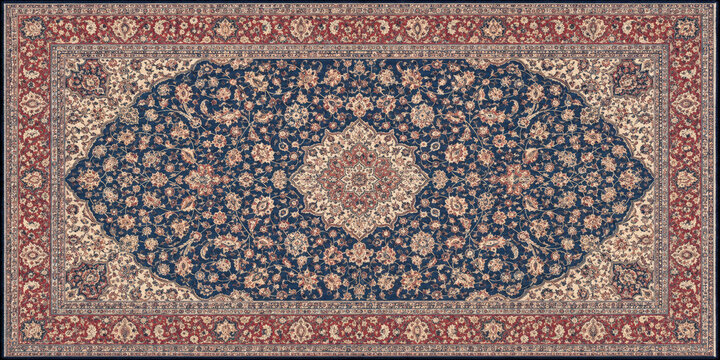 Ornate traditional Persian rug top view on white background