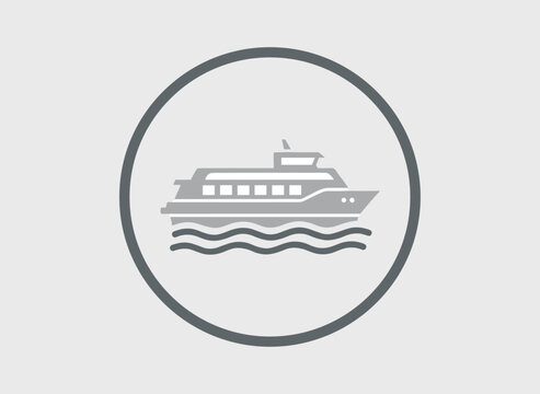A stylized grey cruise ship gracefully sails across wavy aqua water depicted within a circular outline, suggesting maritime transport and leisure journeys for vacationers seeking aquatic
