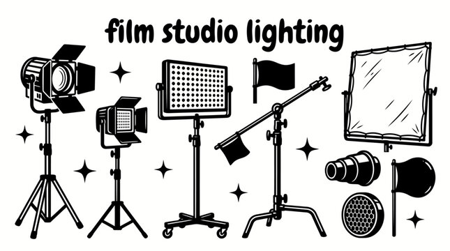 cinematic film studio lighting equipment featuring Fresnel lights LED spotlights panel lights C stands barn doors diffusion frames flags light modifiers and control set for filmmaking television