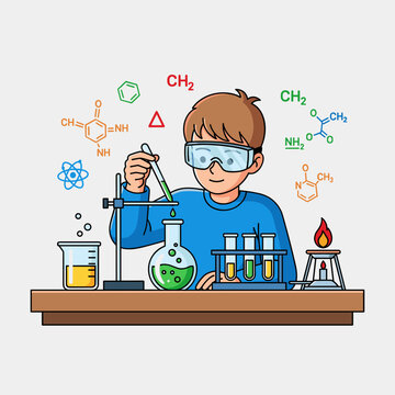 A curious young boy with safety goggles carefully conducts a vibrant green liquid experiment in a chemistry laboratory, surrounded by scientific formulas and equipment, symbolizing discovery