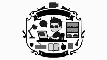 Online Learning Boy with Home Study Accessories Premium Black Silhouette Vector Education Icon Set