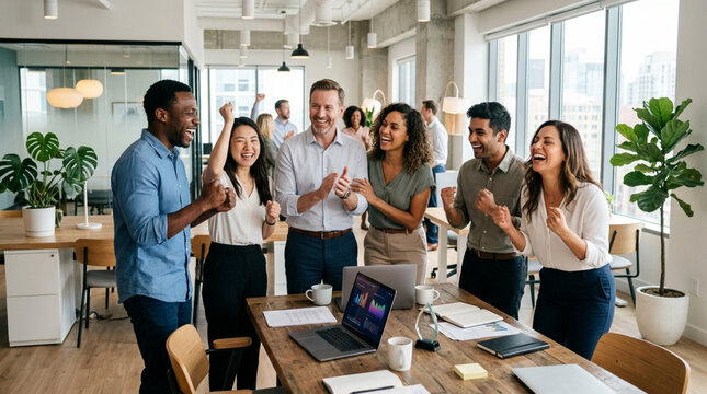 Diverse team celebrating success at a modern office meeting