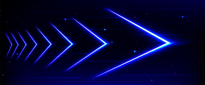 Futuristic background with blue neon arrows, light speed motion effect on black backdrop. Vector realistic illustration of laser beams glowing in darkness, abstract tech banner or game design