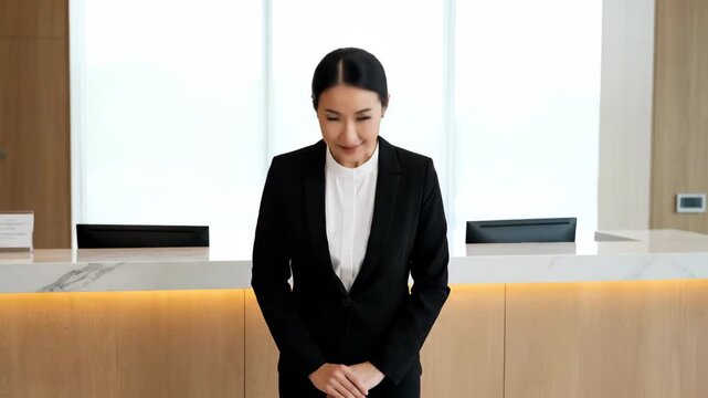 Professional women at the front desk stand with a smile, a standard standing posture for business etiquette