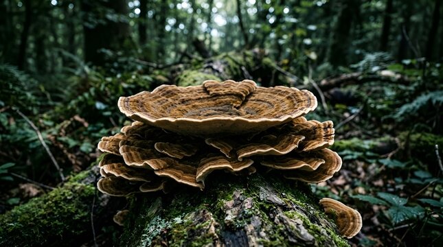 Forest Mushroom Closeup On Mossy Log, Wild Fungi In Nature, Macro Fungal Growth Texture, Brown Undergrowth Detail