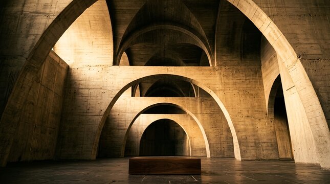 Grand cathedral interior with ancient arches, historical stone vaulted ceilings, massive brick columns, architectural perspective, church sanctuary background with wood pew