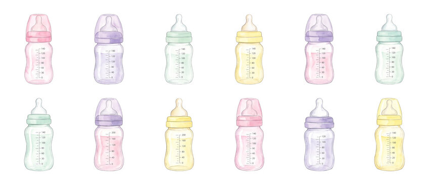 Watercolor baby bottle illustration set of colorful newborn feeding bottles with measurement scales on black background, nursery clip art elements for baby shower, infant care and maternal designs.