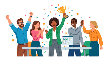 Fototapeta premium Diverse team celebrating victory and holding trophy with confetti