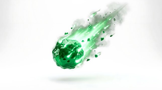 Glowing green meteor fireball with trailing smoke effect