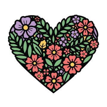 Floral Heart Design with Colorful Blooms and Green Leaves